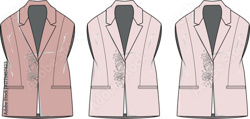 A stylish women's sleeveless blazer vest with elegant floral embroidery, presented as a technical flat sketch for fashion design and apparel mockups