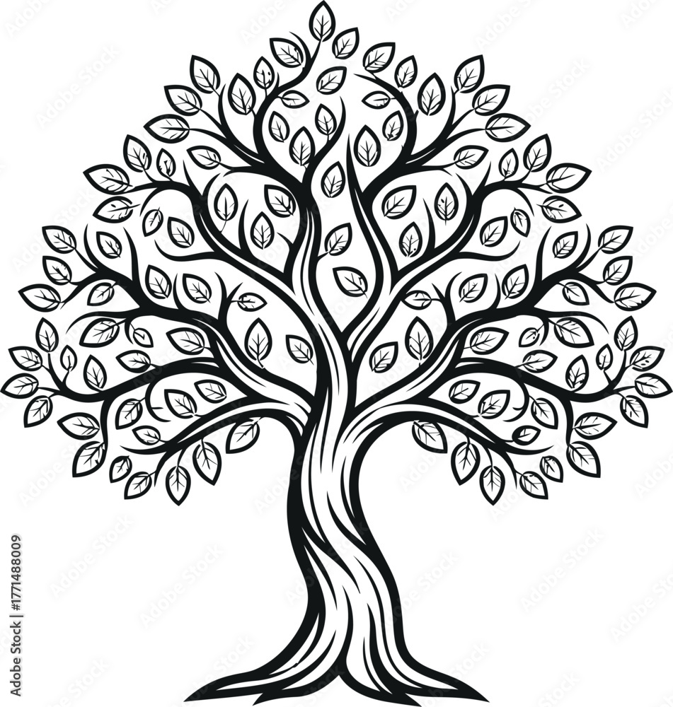Obraz premium Detailed black and white stylized tree silhouette with full foliage vector