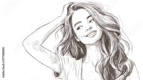 Close-Up Portrait of a Smiling Young Woman with Beautiful Hair and Relaxed Expression