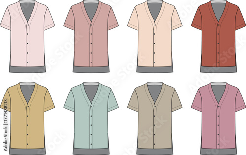 Fashion flat sketches of short-sleeved knit tops in various colors laid out in a grid on a white background