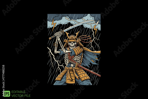 Samurai Skeleton Warrior with Katana Sword in Battle Armor.