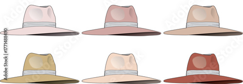 Collection of six diverse straw sun hats in various shades of pastel and earth tones, showcasing different styles and brim widths for women