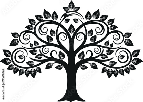 Elegant black silhouette tree of life symbol with intricate flourishes and leaves vector