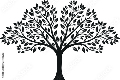 Symbolic black silhouette of a mature tree with lush foliage spreading outward vector