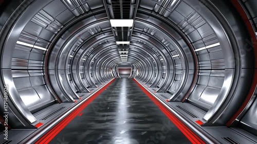 Futuristic sci-fi tunnel with metallic interior and red accents creating an immersive corridor