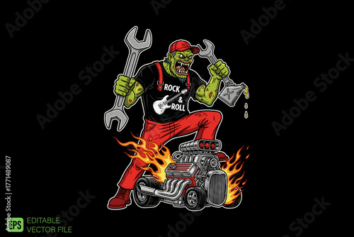 Green Monster Mechanic with Wrenches and Hot Rod Car.