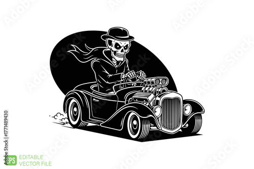 Skeleton in Hot Rod Car Black and White Illustration.