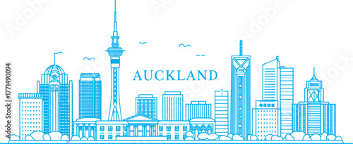 Auckland Skyline Sketch with Sky Tower, Harbour Bridge, and Cultural Māori Art Elements for Tourism and Souvenir Design