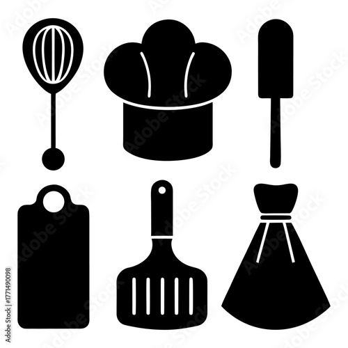 Cooking tools — hat, apron, and spatula with recipe isolated on white.