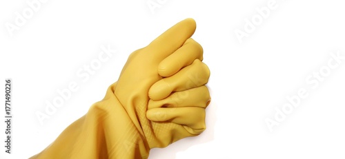 Hand in yellow rubber glove showing fist or anger sign gesture isolated on a white background