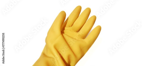 Hand gesture in yellow rubber glove showing five fingers, stop palm gesture isolated on a white background