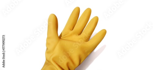 Hand gesture in yellow rubber glove showing five fingers, stop palm gesture isolated on a white background