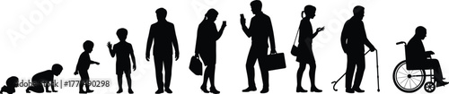 Human life cycle silhouette illustration, growth stages from baby to elderly, aging process concept, family generation evolution vector design art.