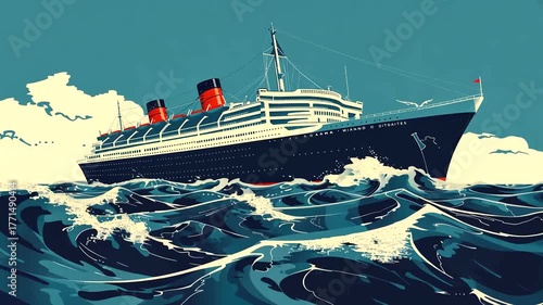 animated vintage steamship sailing through the turbulent ocean waves illustrated in a retro style
