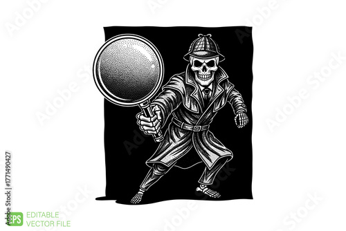 Skull Detective with Magnifying Glass Illustration.