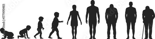 Human life stages silhouette showing growth from baby to old age, childhood, adulthood, aging, evolution, timeline, development, lifecycle concept.