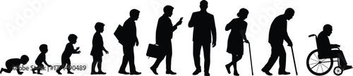 Human life stages silhouette illustration, from baby to elderly person in wheelchair, aging concept, growth, lifestyle, health, and development.