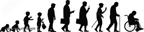 Human life stages silhouette, evolution from baby to elderly, aging concept, people growth and development vector illustration, generational progress art.