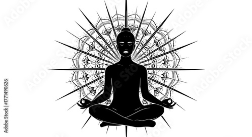 Vector of a person meditating with mandala rays around, black and white zen concept