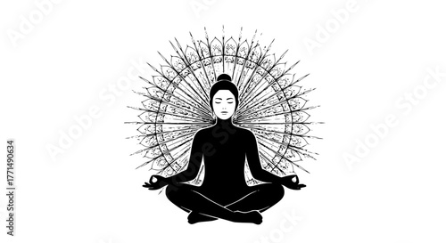Vector of a person meditating with mandala rays around, black and white zen concept