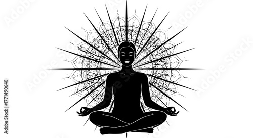 Vector of a person meditating with mandala rays around, black and white zen concept