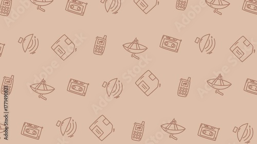 Retro technology wave pattern computer background with vintage floppy disks, cassette tapes, and old cell phones, representing digital evolution and communication history