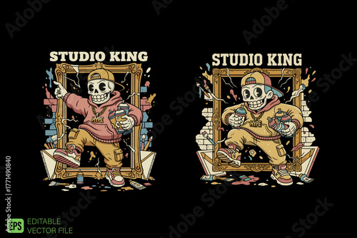 Two skeleton characters in frames with paint and art supplies.