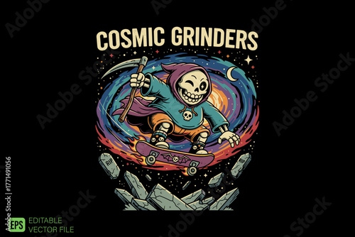 Cosmic Grinders Skeleton Skater with Scythe in Space.