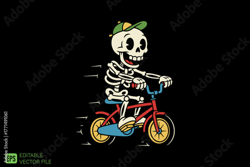 Happy Skeleton Riding a Bicycle with a Green Cap and Blue Shoes.