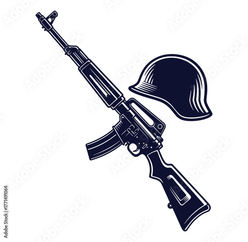 Detailed illustration of an assault rifle with helmet on a white background