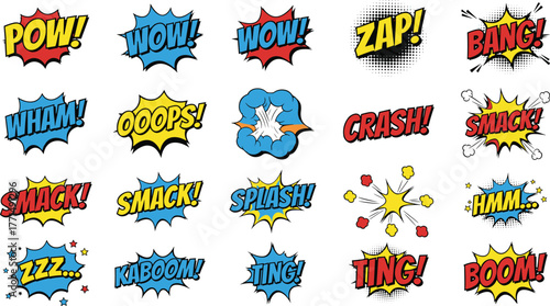 Comic book sound effect bubble collection, colorful pop art explosion text design, cartoon style typography, cad drawing flat vector illustration