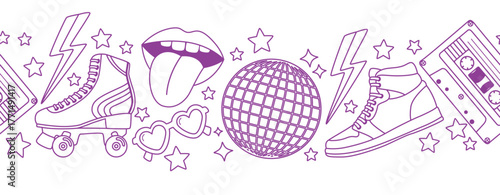Seamless border with elements from 80s-90s in doodle style. Horizontal pattern with retro objects