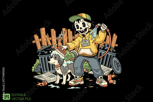 Cartoon Skeleton Boy Walking Dog with Leash and Hose.