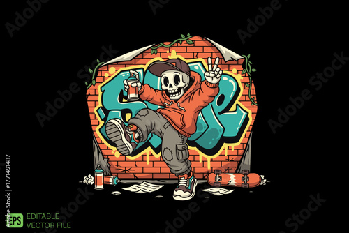 Cool Skeleton Graffiti Artist with Spray Can and Skateboard.