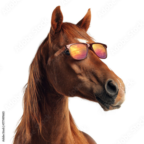 A horse with a shiny brown coat sports stylish sunglasses while standing calmly against a white backdrop