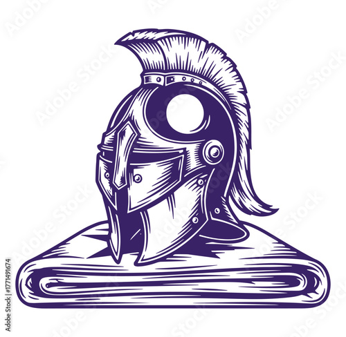 Intricately detailed engraved illustration of a spartan warrior helmet in a classic style