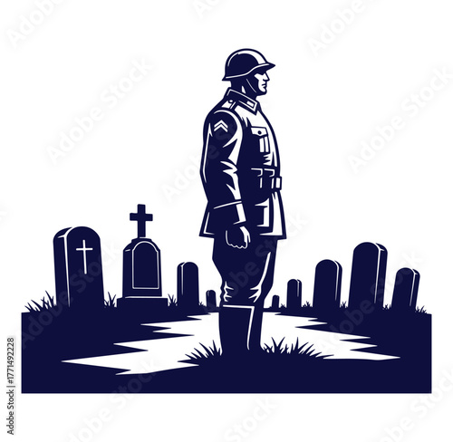 Remembrance illustration of a soldier standing at a cemetery honoring fallen comrades