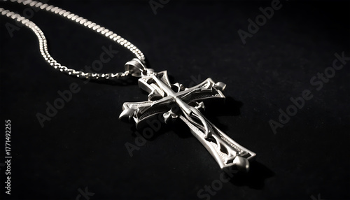 Silver Cross Pendant Necklace on Black Background Elegant Jewelry Piece