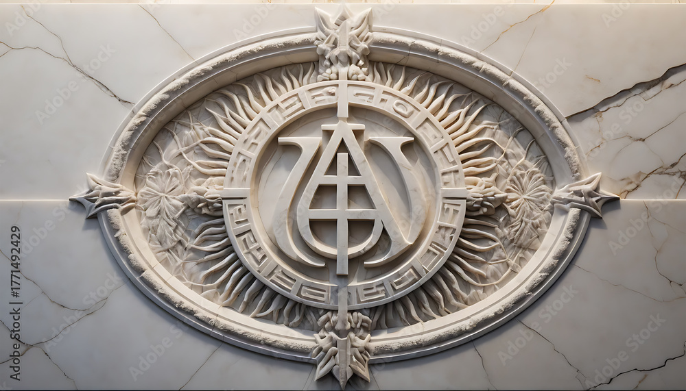 Obraz premium Intricate Carved Emblem on Marble Wall with Ornate Details in Neutral Tones