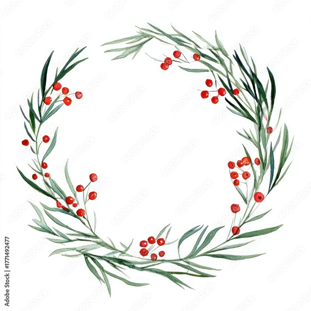 Fototapeta premium Festive wreath watercolor illustration.