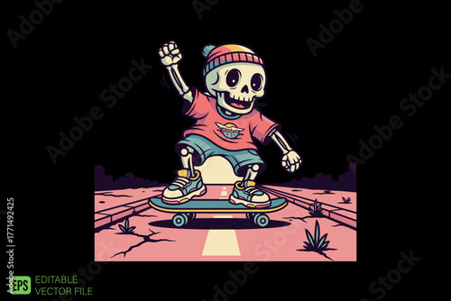 Cool Skeleton Skateboarder in Beanie and T-shirt.