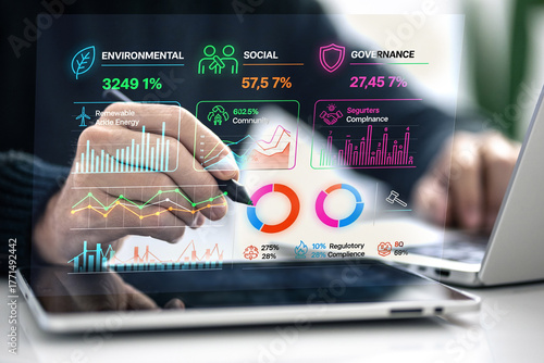 Optimizing Sustainable Growth: Professional Analyzing ESG Performance Dashboard on Digital Devices