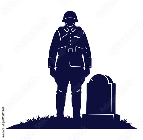 Silhouette of a soldier standing before a tombstone commemorating fallen heroes of war
