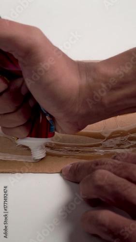 Close up of hands applying rat glue to cardboard, ready for pest control and rodent trapping.