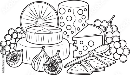 Still life illustration of cheese, fruit, and crackers
