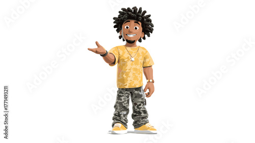 Casual Young Male Character Smiling and Gesturing in a Digital Environment