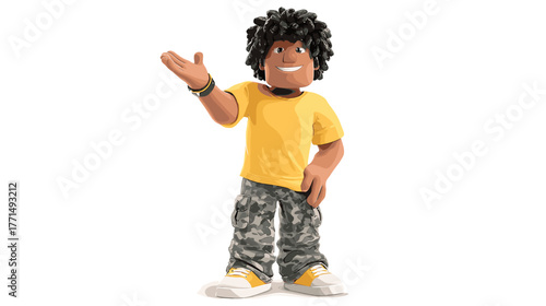 Casual Young Male Character Smiling and Gesturing in a Digital Environment