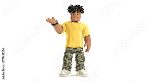 Casual Young Male Character Smiling and Gesturing in a Digital Environment