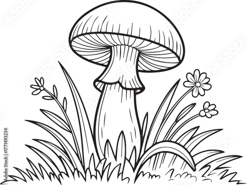 Line art drawing of a mushroom with grass and flowers
