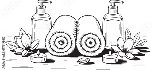 Spa essentials rolled towels, soap dispensers, candles, and flowers
